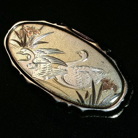 Jewelry - Opening Lipstick Mirror w/ Etched Swans Vintage